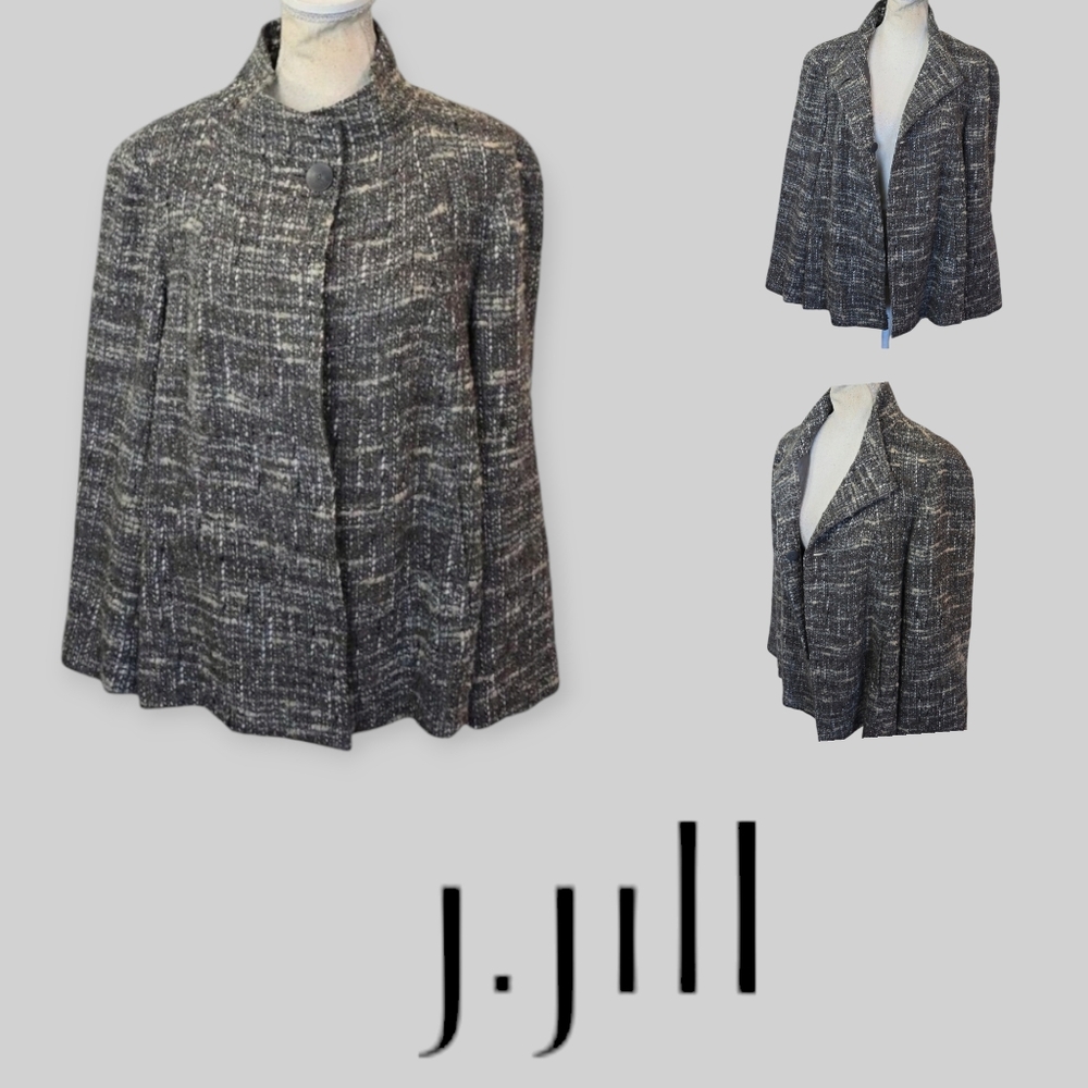 J. Jill Wool Blend Tweed Cape Coat Jacket Lined Pockets Women Size L Mock Neck